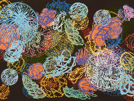 blumen, pflanzen, linoldruck, psychedelisch, bunt, garten, unikat, handdruck,