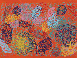 blumen, pflanzen, linoldruck, psychedelisch, bunt, garten, unikat, handdruck,